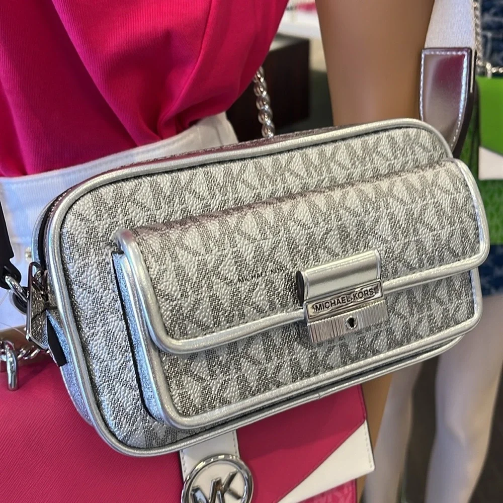 Michael Kors Bradshaw Extra-Small Metallic Signature Logo Camera Crossbody Silv